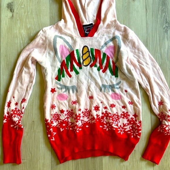Hooded Holiday Sweater Girls Unicorn Christmas Top Large 10/12 - Picture 3 of 5